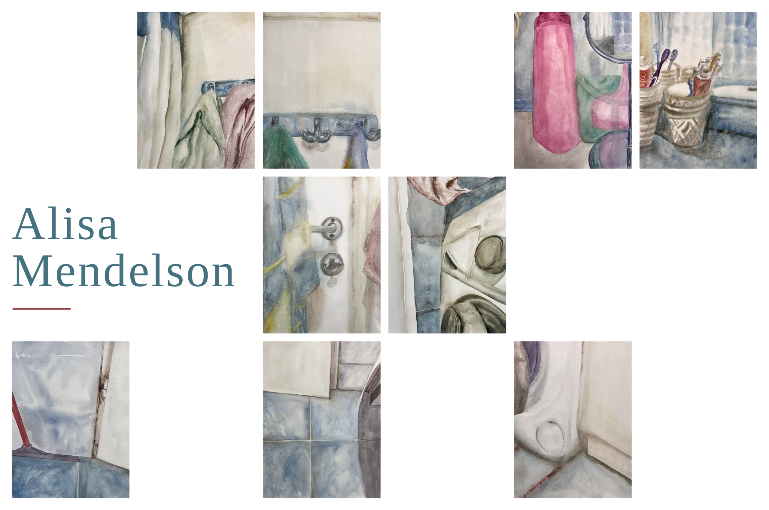 Alisa Mendelson — watercolours of a tiled bathroom, hung as one work